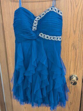 Blondie Nites Strap Optional Bead Ruffles Royal Blue/Silver Short Formal Gown-13